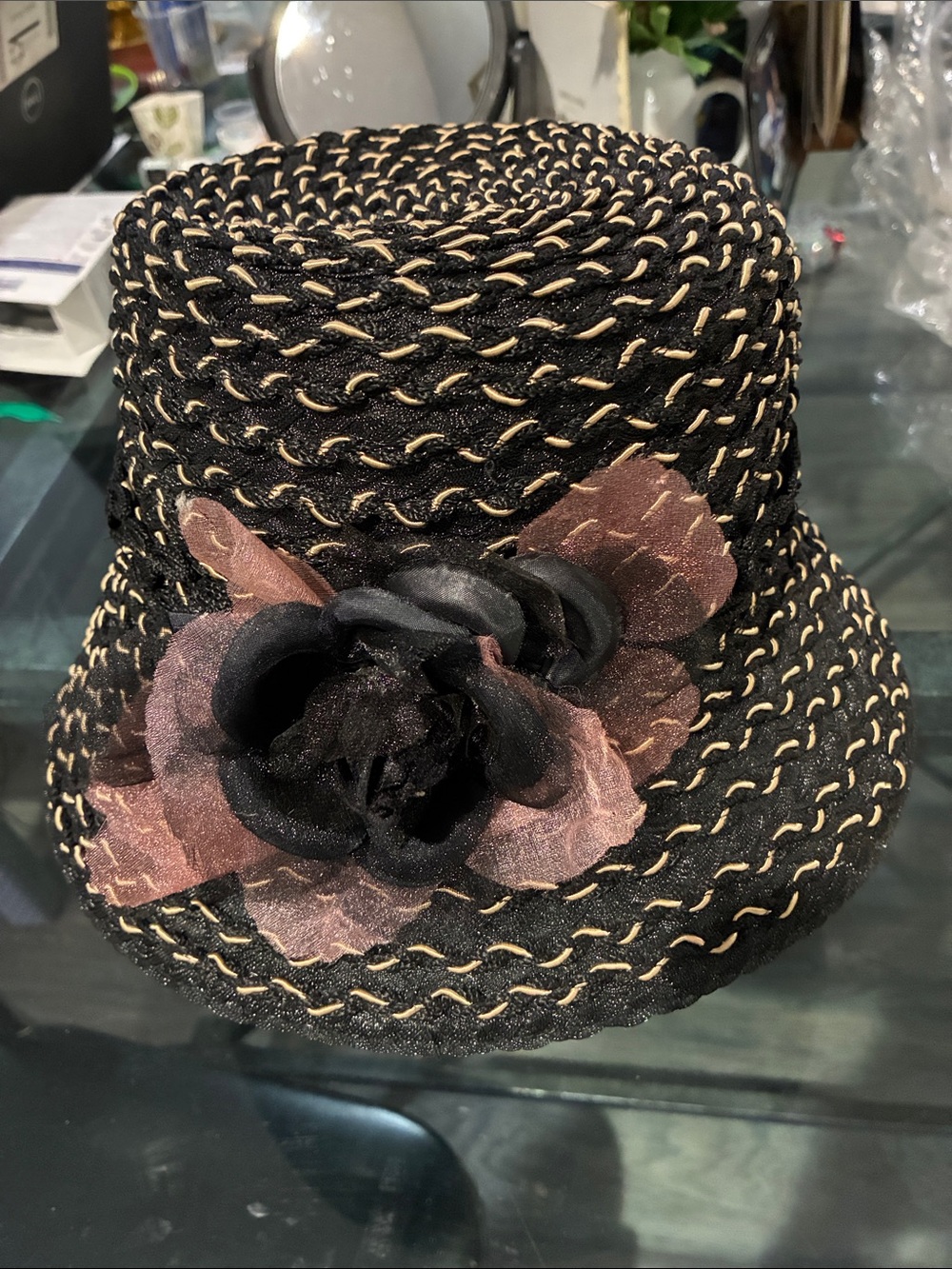 Finesse Black Braided Straw Cloche Hat with Dusty Rose Flower Accent